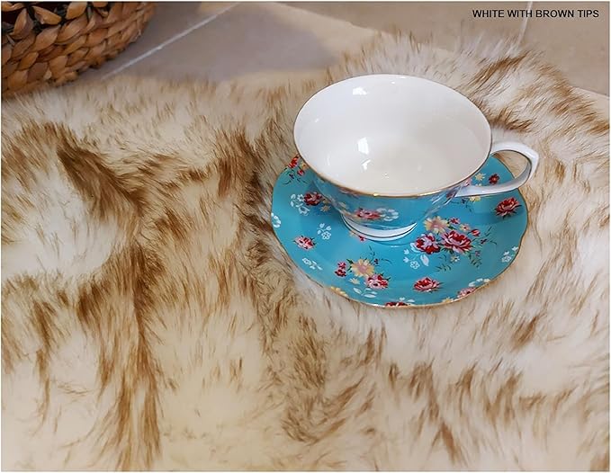 Free Shape Luxury Soft Fluffy Shag Area Rug Single and a Half 2'x4', 60x120cm - Vegan Fur Ultra Soft Indoor Carpet Nursery Rugs for Bedroom Home Decor, White with Brown Tips