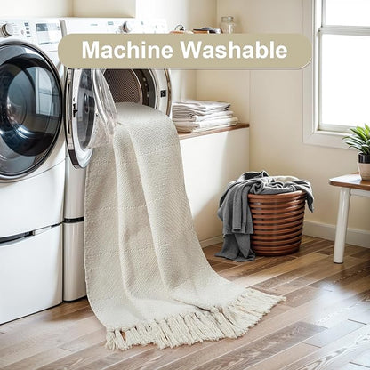 Collive Kitchen Runner Rug, 2' x 4.3' Hand-Woven Reversible Washable Rug, White/Beige Cotton Modern Farmhouse Bathroom Rug Hallway Carpet for Foyer Bedroom Entry Back Door Decor