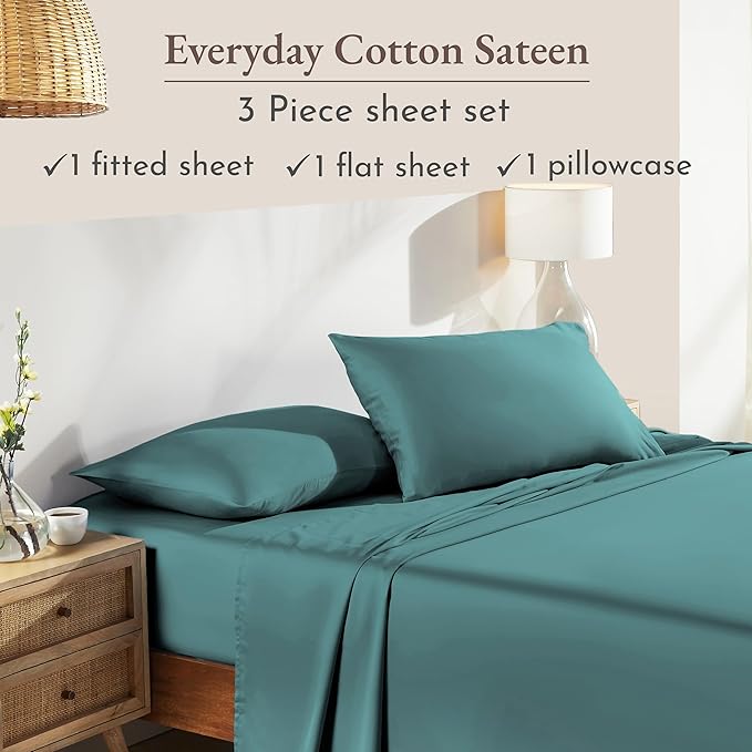 California Design Den Natural 100% Cotton Sheets Twin XL Size Set - Soft Sateen, Twin XL Sheets Set, Deep Pockets, Breathable & Durable Bedding for Dorm Rooms, College Teal (Deep Tone)