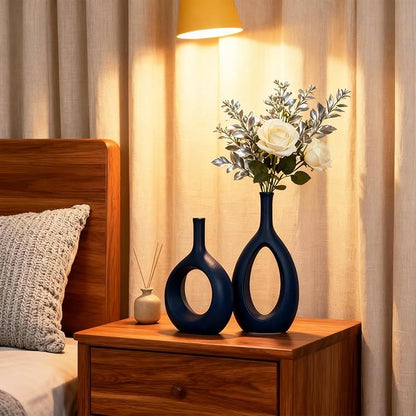 Navy Blue Ceramic Hollow Elliptical Vase Set of 2 - Boho Circle Vase with Hole, for Modern Navy Blue Table Decor, Living Room Decor Shelf mid Century Modern Home Entrance Decorative vase