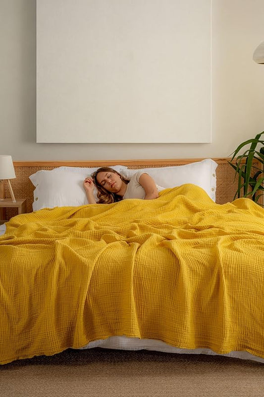 Muslin Blanket - Pure 100% Turkish Cotton Airy Soft Light Versatile Gauze Throw Blanket for Bed, Couch, Sofa (Mustard Yellow, Twin XL Size (71" x 95" inch))