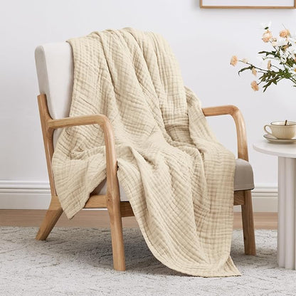 Love's cabin 6 Layer 100% Cotton Muslin Blanket, 50"x60" Throw Muslin Blanket for Couch Bed, Lightweight and Breathable Cotton Gauze for Adult, Beige