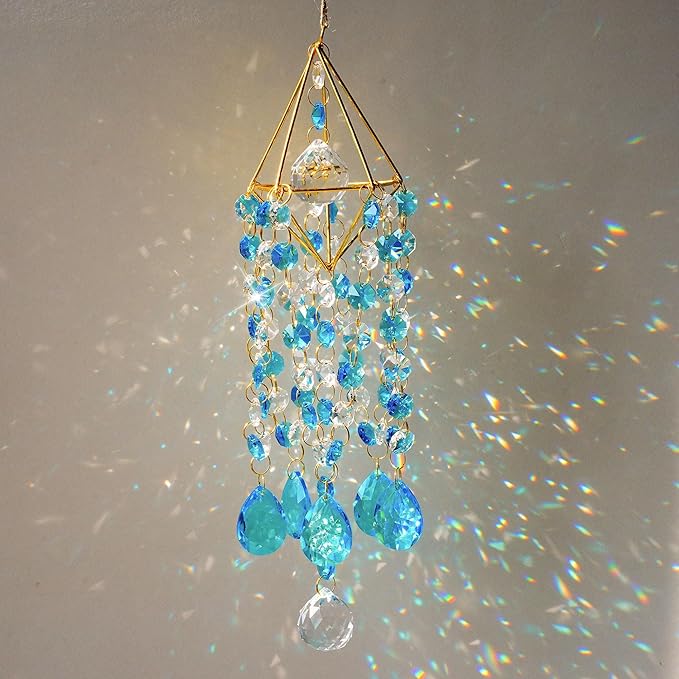 HDCRYSTALGIFTS 21.5'' Crystal Suncatchers, Handmade Blue Suncatcher for Window Hanging Crystal Wind Chimes Gold-Plated Sun Catcher with Crystals Indoor Outdoor Decoration Rainbow Maker