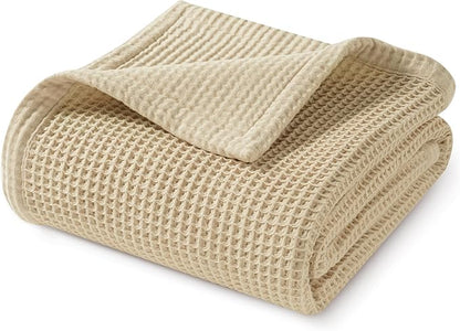 PHF 100% Cotton Waffle & Muslin Throw Blanket Large, Soft Breathable Luxury 400GSM Versatile Reversible Bedding for Couch, Great for Layering in Cold Weather, Home Decor Gift, 50" x 70", French Oak