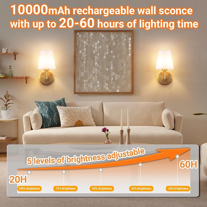 Battery Operated Wall Sconces Set of 2, Wireless Wall Light with 10000mAh RGB Dimmable Magnetic Bulb, Rechargeable Wall Sconce with Remote Control for Bedroom Living Room