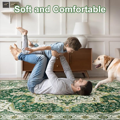 Area Rugs for Living Room 9x12 - Large Machine Washable Vintage Oriental Soft Rug, Low Pile Thin Carpet with Non Slip Backing for Bedroom, Dorm, Under Dining Room Table, Indoor House, Office Decor