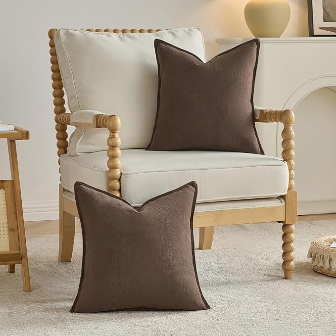 FUTEI Dark Coffee Chenille Throw Pillow Covers 22x22 Inch Set of 2,Edges Double-Stitched Cushion Cases,Modern Home Decor for Couch Living Room
