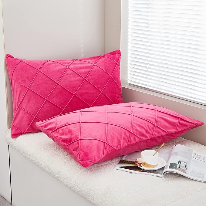 JAUXIO Diamond Pinch Pleated Crystal Velvet Pillowcases 2 Pack Solid Pintuck Throw Cushion Cover for Home Decor Hidden Zipper Closure (Hot Pink, Standard)