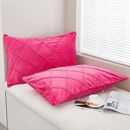 JAUXIO Diamond Pinch Pleated Crystal Velvet Pillowcases 2 Pack Solid Pintuck Throw Cushion Cover for Home Decor Hidden Zipper Closure (Hot Pink, Standard)