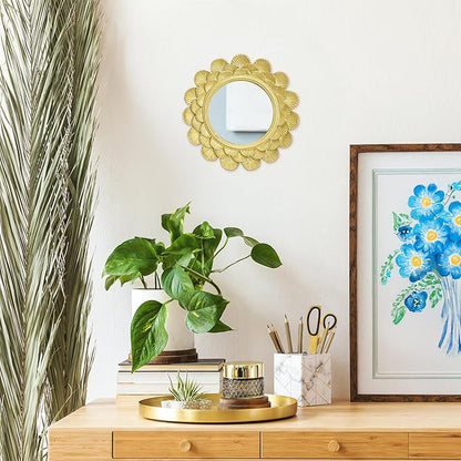 6.5" Vintage Vanity Makeup Desk Mirror, Small Gold Round Mirror for Table, Antique Scallop Edged Wall Mirror Decorative for Living Room Bedroom Dressing Tabletop