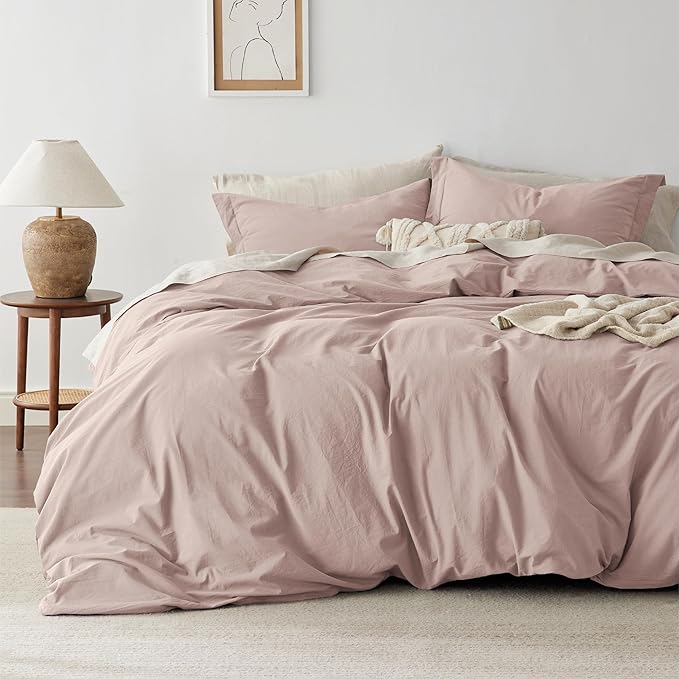 Bedsure 100% Washed Cotton Duvet Cover King Size - Petal Pink Minimalist Cotton Duvet Cover Linen Like for All Seasons - GentleSoft™ Plain Simple Bedding (Petal Pink, King, 104"x90")