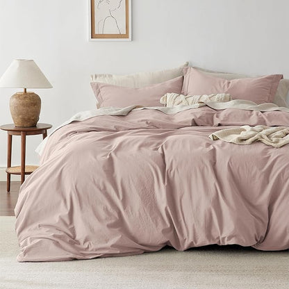 Bedsure 100% Washed Cotton Duvet Cover King Size - Petal Pink Minimalist Cotton Duvet Cover Linen Like for All Seasons - GentleSoft™ Plain Simple Bedding (Petal Pink, King, 104"x90")
