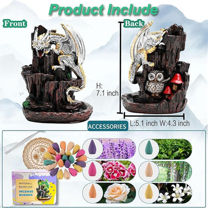 Dragon Backflow 2 Sided Mountain Waterfall Incense Burner,Fountain Smoke Incense Holder with Backflow Incense Cones, Tweezers, Mat，Resin Aromatherapy Meditationvaiuk (Silver)