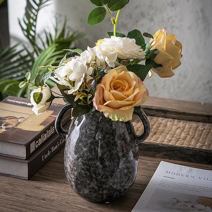 Ceramic Modern Farmhouse Vase with 2 Handles, Black Ceramic Vases for Home Decor, Rustic Pottery Vase, Decorative Terracotta Flower Vases, Clay Jug for Table Living Room Shelf Mantel Decor