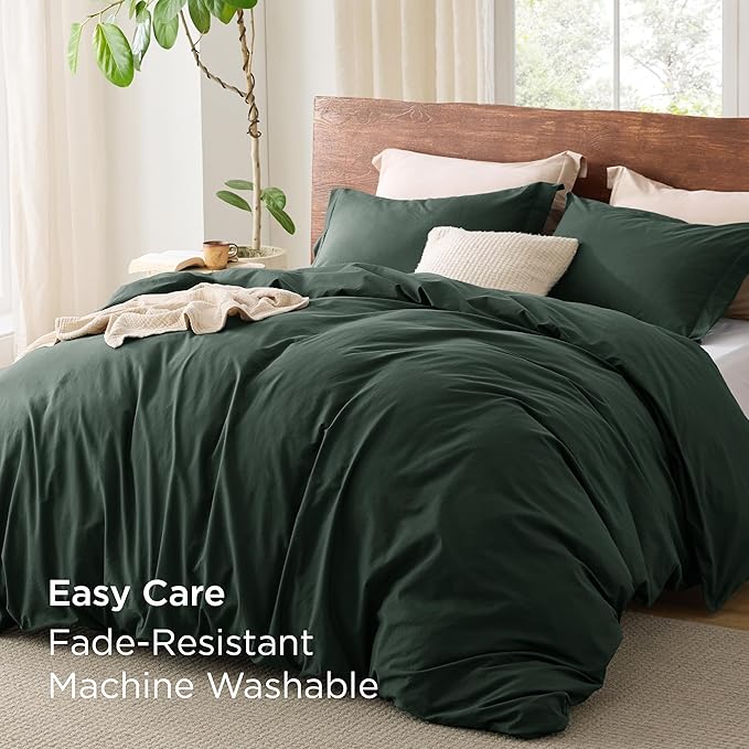 Bedsure 100% Washed Cotton Duvet Cover King Size - Forest Green Minimalist Cotton Duvet Cover Linen Like for All Seasons - GentleSoft™ Plain Simple Bedding (Forest Green, King, 104"x90")