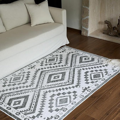 Moroccan Washable Area Rug 4x6, Geometric Decorative Woven Rug Low Pile, Non-Slip Boho Accent Farmhouse Indoor Floor Carpet for Bedroom Laundry Living Room Dining Table, Olive Green/White