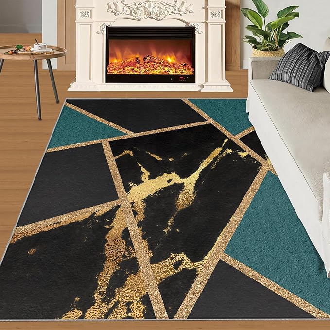 Black Gold Marble Area Rugs Emerald Green Abstract Marble Carpet Medieval Geometry Area Rug Indoor Non-Slip Carpet Golden Geometric Lines Rugs for Bedroom 3x5ft