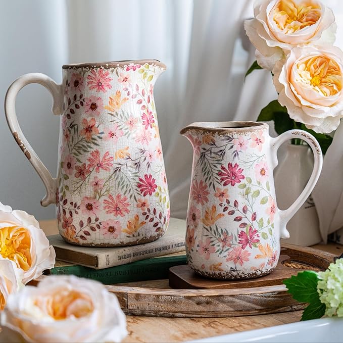 Vintage Colorful Daisy Flora Ceramic Vase with Handle, Retro Ice Glazed Crack Farmhouse Pitcher Vase for Home Decor, Living Room, Shelf, Office, Rustic Table Centerpiece 7 Inch
