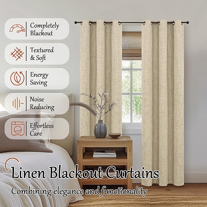 Lajode Linen Blackout Curtains for Living Room Narrow Window, Thermal Insulated Complete Light Blocking Soundproof Small Curtains for Bedroom, Each 38 Inch Wide 80 Inch Length 2 Panels, Burlap