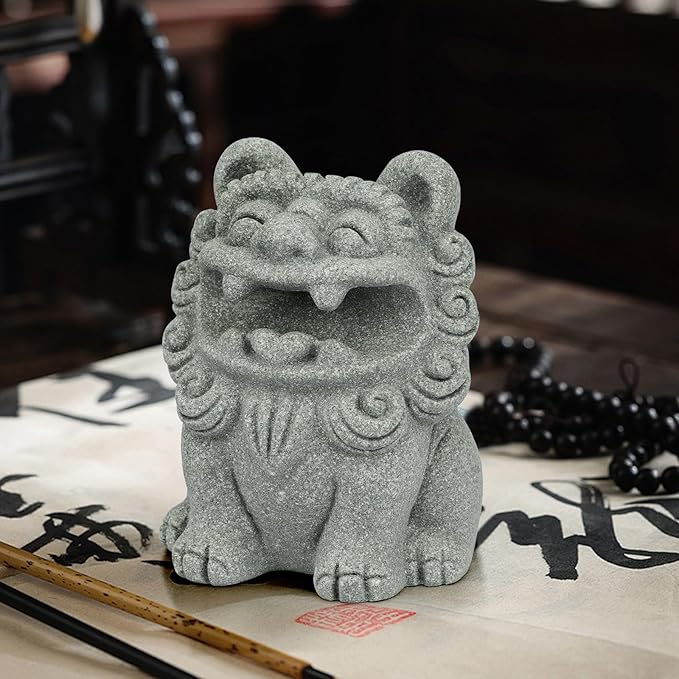 Cute Pen Holder for Deask, Lion Stone Pen Stand, Chinese Feng Shui Desk Organizer, Animal Figure for Office/Study Display Decoration