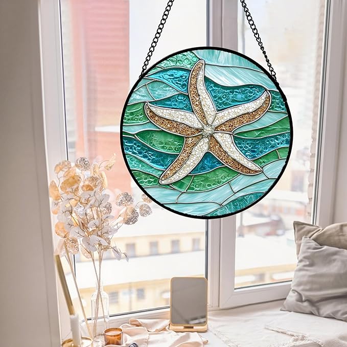 Stained Glass Window Hanging Teal Sea Waves Starfish Large 11.8" - Suncatcher Door Garden Sun Catcher Home Decor Birthday Mother's Day for Mom Men Woman Parents Her Child Nana