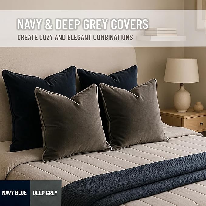 2 Pack Velvet Decorative Throw Pillow Covers, 20"x20", Navy Blue and Grey, Solid, Modern, Contrast Piping, Indoor Use, Bedroom & Living Room