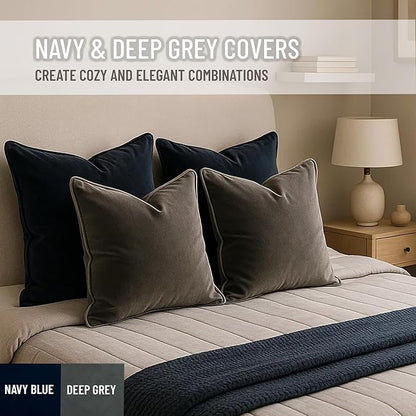 2 Pack Velvet Decorative Throw Pillow Covers, 18"x18", Navy Blue and Grey, Solid, Modern, Contrast Piping, Indoor Use, Bedroom & Living Room