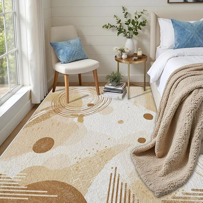 Minimalist Abstract Area Rug 5x8 Beige Boho, Modern Washable Geometric Art Carpet, Soft Non-Slip Low-Pile Carpet for Living Room, Bedroom, Kitchen, Dining Room, Pet Friendly, Non-Shedding, Brown