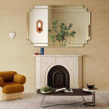 Gold Mirror for Wall, 48" x32" Wooden Framed, Polished Bevelled Rectangle Mirror, Modern Decorative Mirrors for Wall Decor, Irregular Mirror for Living Room, Bathroom, Entryway, Bedroom