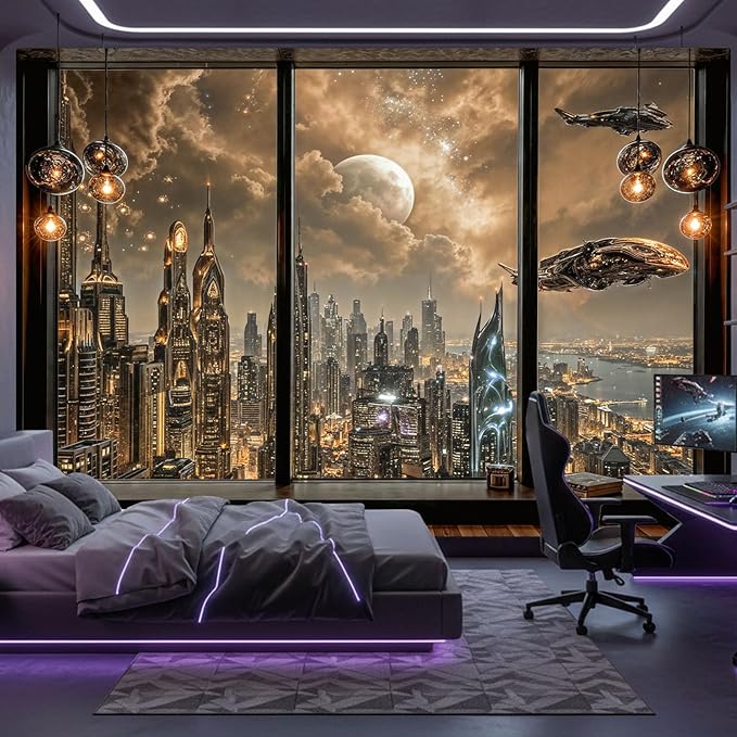 Lifeel Cyberpunk City Tapestry, Future Skyline Aesthetic Window Tapestries for Home Decor Game Room Bedroom Living Room, 60x80 inches