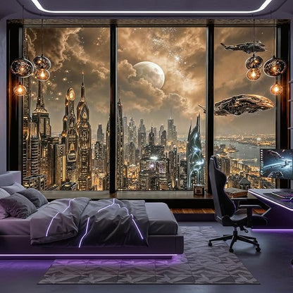 Lifeel Cyberpunk City Tapestry, Future Skyline Aesthetic Window Tapestries for Home Decor Game Room Bedroom Living Room, 60x80 inches