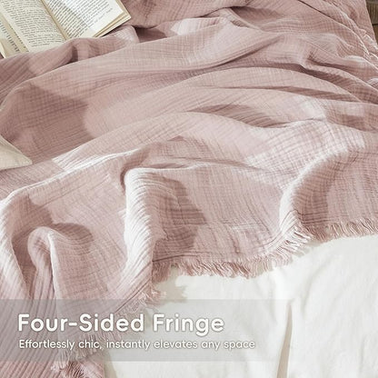 MooMee Muslin Blanket - 100% Cotton 4-Layer Gauze Throw Blanket with Tassels Ultra-Soft Breathable Lightweight Cooling for Bed Couch (Greyish Pink,Super King 108" x 98")