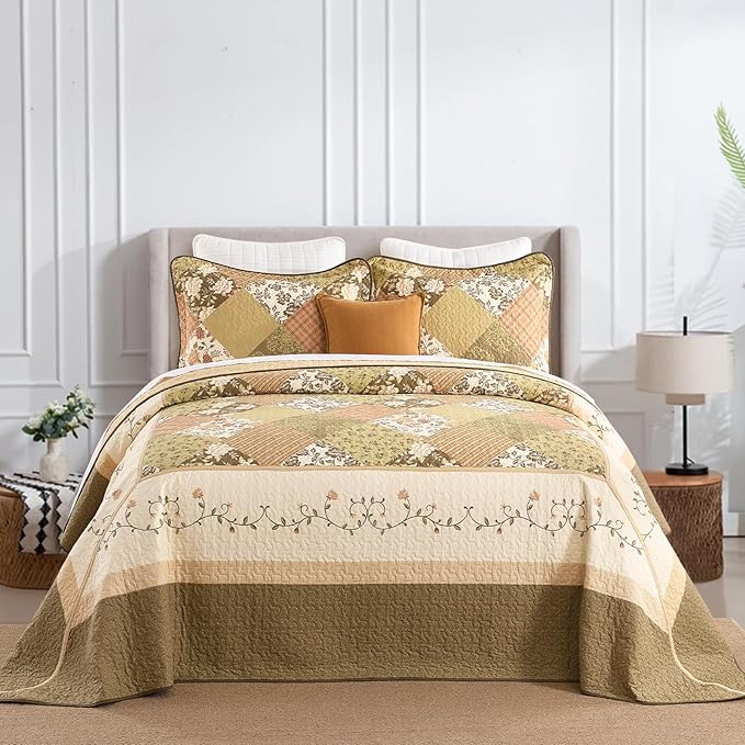 SahSahCasa 100% Cotton 120"x120" Oversized California King Bedspread Coverlet Quilt Set, Cal King Quilted Bedspread Extra Large Quilt, Floral XL Bed Spread Lightweight Comforter, Beige/Green/Brown
