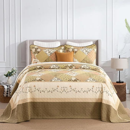 SahSahCasa 100% Cotton 128"x120" Oversized California King XL Bedspread Coverlet Quilt Set, Cal King Quilted Bedspread Extra Large Quilt, Floral Bed Spread Lightweight Comforter, Beige/Green/Brown