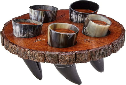 Viking Culture Viking Horn Drinking Cup Shot Glasses with Vintage Axe Bottle Opener, Coasters, and Rustic Wood Display Stand, Toasting Vessels for Party, Event, Bachelors