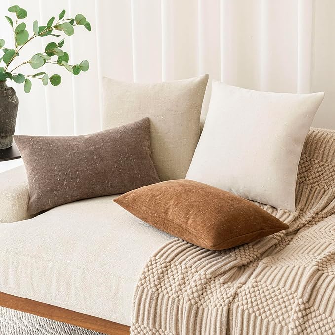 Foindtower Pack of 2 Soft Textured Chenille Throw Decorative Pillow Covers Square Accent Solid Cushion Cover Cozy Neutral Farmhouse Pillow Case for Couch Sofa Bedroom Living Room 26x26 Inch, Beige