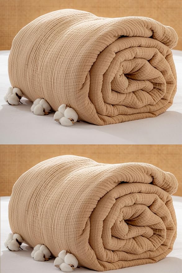 Muslin Blanket - Pure 100% Turkish Cotton Airy Soft Light Versatile Gauze Throw Blanket for Bed, Couch, Sofa (Beige, Queen XL Size (95" x 95" inch))