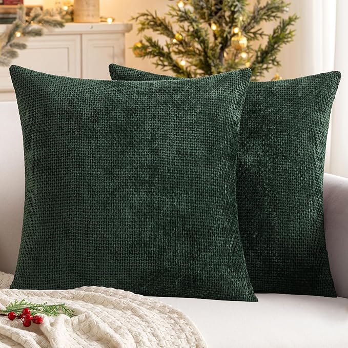 MIULEE Pack of 2 Christmas Green Couch Throw Pillow Covers 18x18 Inch Modern Boho Accent Decorative Pillow Covers Soft Chenille Farmhouse Cushion Covers for Home Decor Bed Sofa Living Room