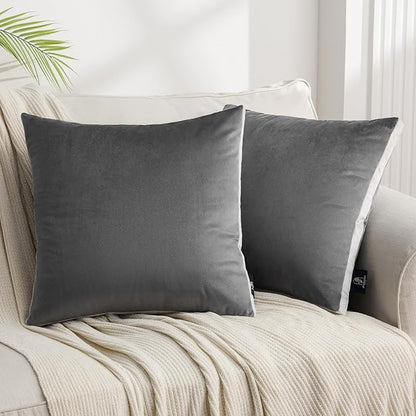 Phantoscope Pack of 2 Velvet Throw Pillow Covers, Decorative Soft Velvet Pillows Accent Double-Sided Gusseted Design, Square Cushion Case for Couch Sofa Bed, Deep Grey, 18 x 18 inches 45 x 45 cm