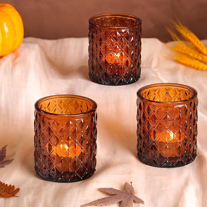 8Pcs Large Votive Candle Holders Amber Tea Light Candle Holders Glass Candle Holder for Wedding, Bridal Shower,Table Centerpiece,Party, Home Decor, Fall Decor