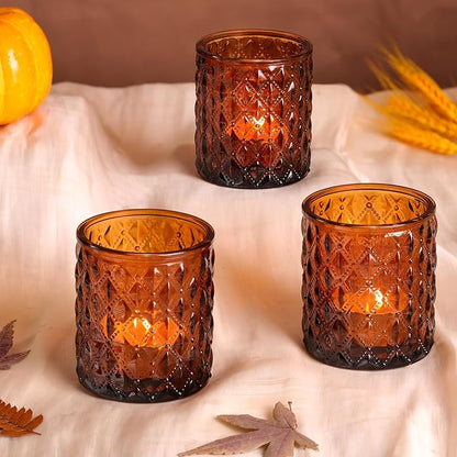 8Pcs Large Votive Candle Holders Amber Tea Light Candle Holders Glass Candle Holder for Wedding, Bridal Shower,Table Centerpiece,Party, Home Decor, Fall Decor