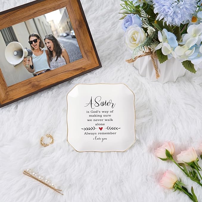Sister Gifts from Sister Ring Jewelry Dish - A Sister is God's Way of Making Sure We Never Walk Alone, Christmas Mother's Day Valentien's Birthday Gift for Sisters from Sisters Adult