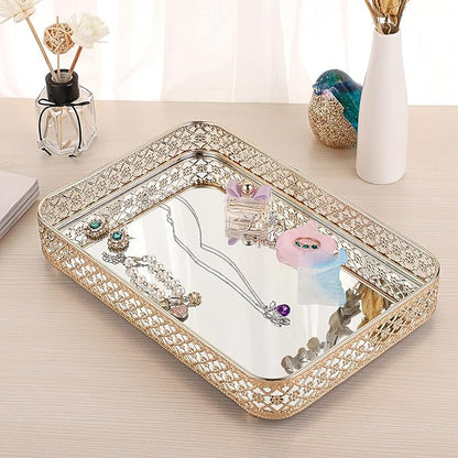 ELLDOO Perfume & Makeup Vanity Tray - Hollow-Carved Jewelry Storage, Glass & Metal Trinket Organizer for Dresser & Bathroom Countertop, Gold, Medium Size
