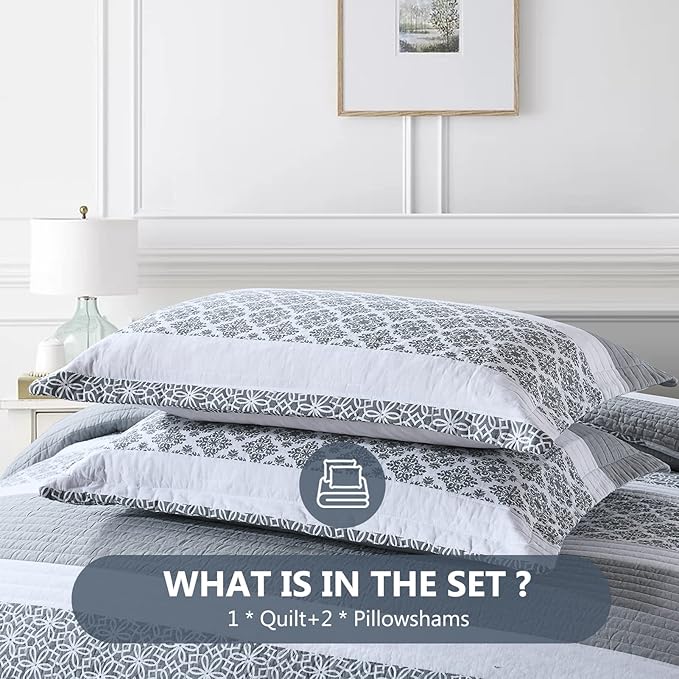 King Size Quilt Set - King Quilted Bedspread Sets, 100% Cotton Quilt, King Bed Spread Bedding Set, 3 Pieces Floral Striped Reversible Lightweight Comforter, Bluish Grey
