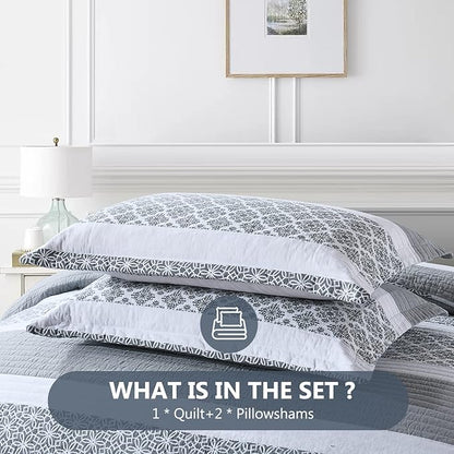 King Size Quilt Set - King Quilted Bedspread Sets, 100% Cotton Quilt, King Bed Spread Bedding Set, 3 Pieces Floral Striped Reversible Lightweight Comforter, Bluish Grey