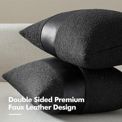 MIULEE Boucle Throw Pillow Covers 20x20 Inch Set of 2 Black Faux Leather Textured Decorative Pillow Cases Boho Farmhouse Accents Cushion Covers for Couch Bed Livingroom Home Decor