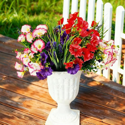 Artificial Silk Flowers for Outdoor Decoration,12 Bundles Faux Flowers Colorful Morning Glory with Eucalyptus Fake Plants Greenery UV Resistant for Outside Front Door Planter Porch Patio Yard