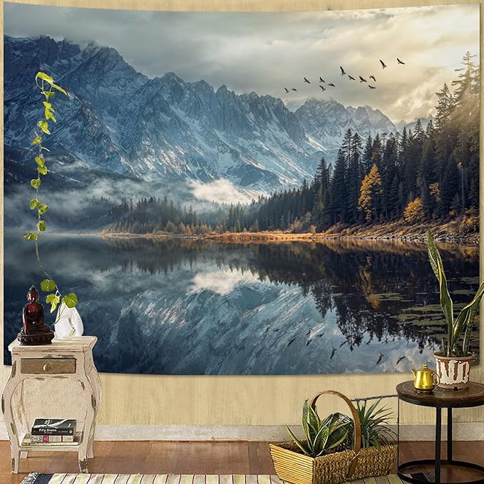 kampdream Lake Scenery Tapestry, Misty Mountains and Pine Forest Wall Hanging, Nature Home Decor for Bedroom and Living Room Wall Art Decoration
