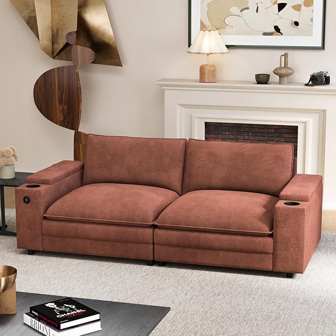 81.5" Loveseat Cloud Sofa Couch with Storage Armrest, Cup Holders, USB & Type-C Ports, Spring Cushions, Solid Wood Frame, Chenille Modular Sectional for Living Room