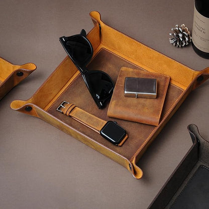 Handmade Leather Catch All Tray and Organizer for Keys, Phones, Jewels, Coins, Square - Small, Deep Black